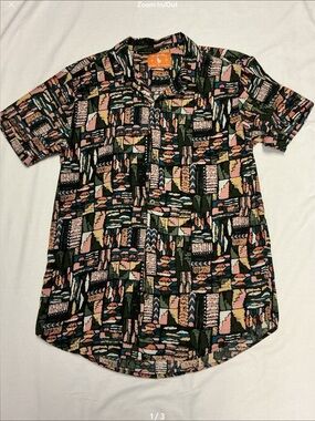 Pacific Blue. Short-Sleeve Geometric Print Button-Up Shirt - Multicolor. Size L